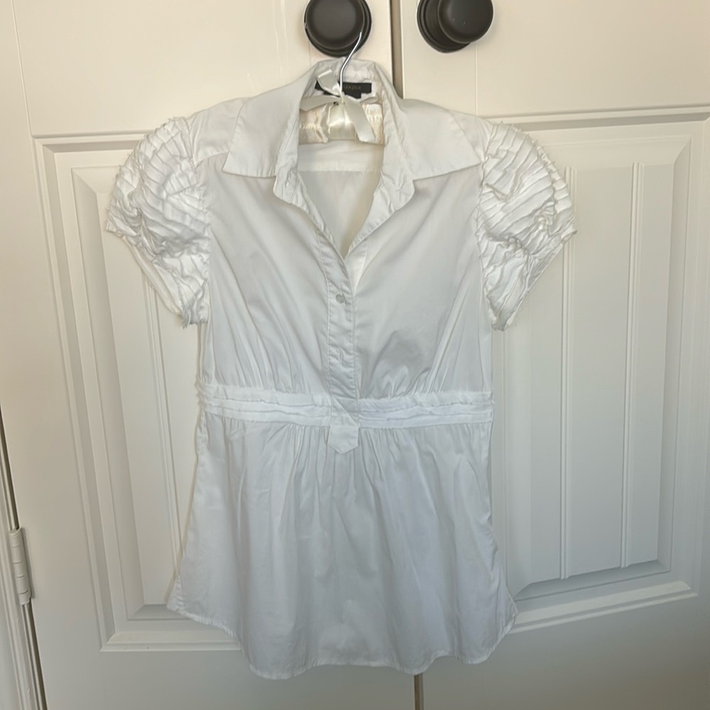 BCBGMaxAzria White Puff Sleeve Collared Blouse